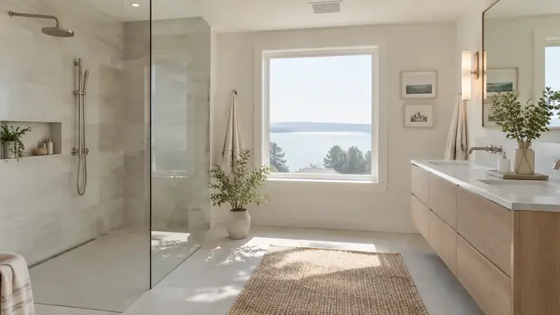 Illustrative: bathroom remodel scene for Algona — waterproofing-minded PNW context; not a real Board job photo