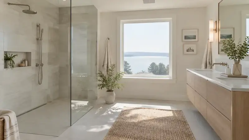 Illustrative: bathroom remodel scene for Beaux Arts Village — waterproofing-minded PNW context; not a real Board job photo