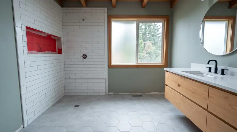 Illustrative: bathroom remodel scene for Bellevue — waterproofing-minded PNW context; not a real Board job photo