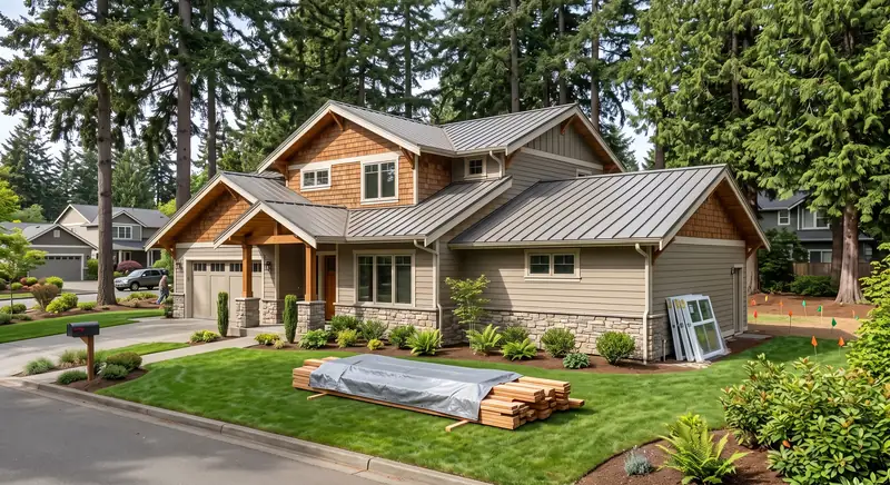 Illustrative: Bellevue residential exterior remodel context — Pacific Northwest light; not a real Board job photo