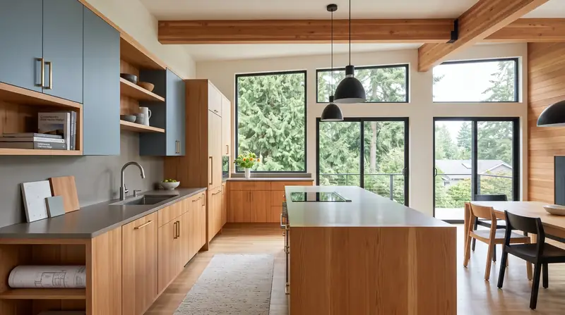 Illustrative: kitchen remodel interior for Bellevue homeowners — PNW materials; not a real Board job photo