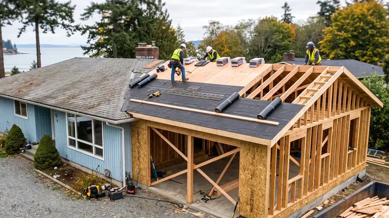 Illustrative: home addition / exterior massing for Black Diamond — PNW cedar-fir context; not a real Board job photo