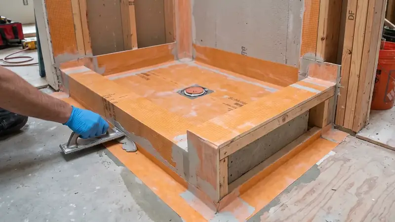 Illustrative: bathroom remodel scene for Burien — waterproofing-minded PNW context; not a real Board job photo