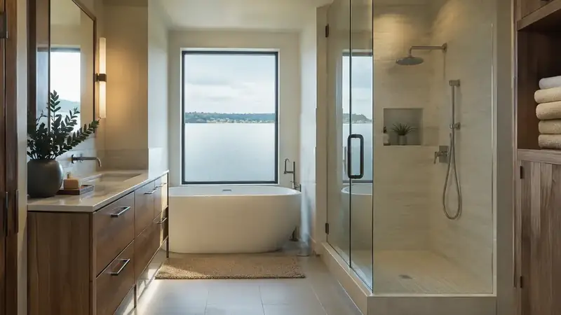 Illustrative: bathroom remodel scene for Carnation — waterproofing-minded PNW context; not a real Board job photo
