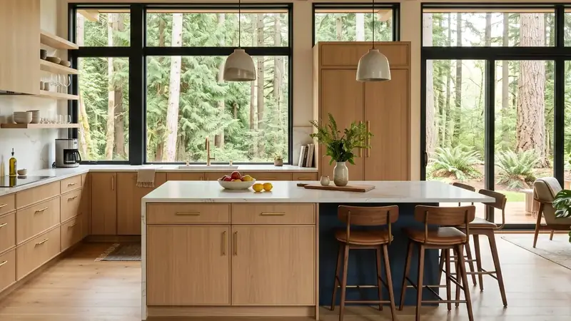Illustrative: kitchen remodel interior for Clyde Hill homeowners — PNW materials; not a real Board job photo