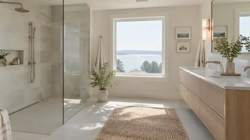 Illustrative: bathroom remodel scene for Covington — waterproofing-minded PNW context; not a real Board job photo