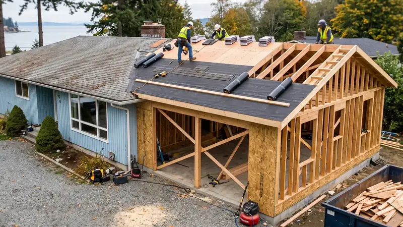 Illustrative: home addition / exterior massing for Duvall — PNW cedar-fir context; not a real Board job photo