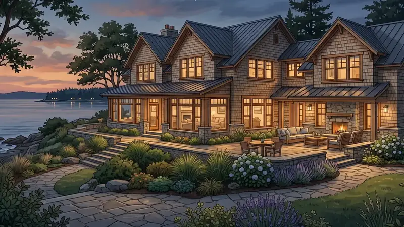 Illustrative: home addition / exterior massing for Enumclaw — PNW cedar-fir context; not a real Board job photo