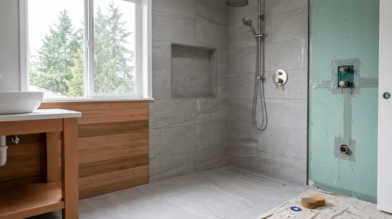 Illustrative: bathroom remodel scene for Everett — waterproofing-minded PNW context; not a real Board job photo