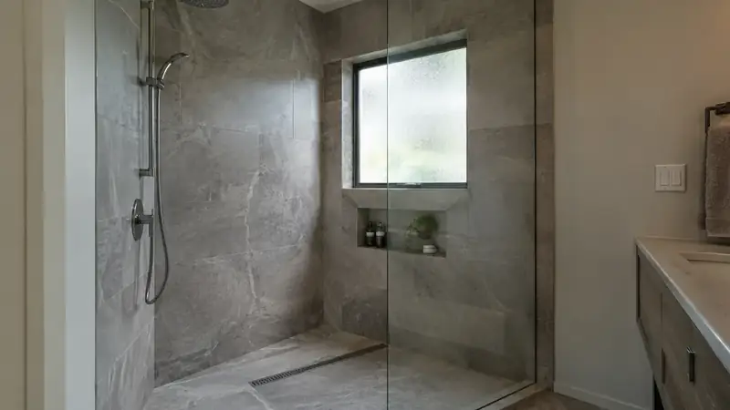 Illustrative: bathroom remodel scene for Gold Bar — waterproofing-minded PNW context; not a real Board job photo
