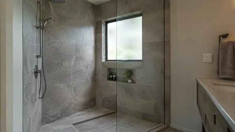 Illustrative: bathroom remodel scene for Hunts Point — waterproofing-minded PNW context; not a real Board job photo
