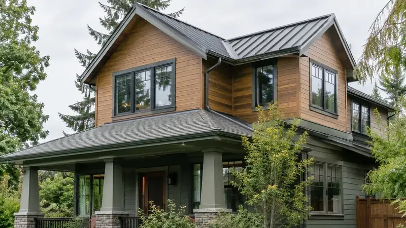 Illustrative: home addition / exterior massing for Index — PNW cedar-fir context; not a real Board job photo