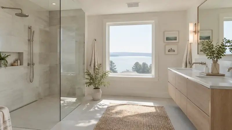 Illustrative: bathroom remodel scene for Issaquah — waterproofing-minded PNW context; not a real Board job photo
