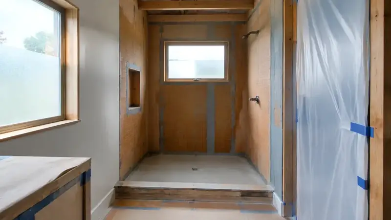 Illustrative: bathroom remodel scene for Kenmore — waterproofing-minded PNW context; not a real Board job photo