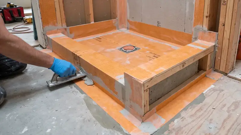 Illustrative: bathroom remodel scene for Kent — waterproofing-minded PNW context; not a real Board job photo