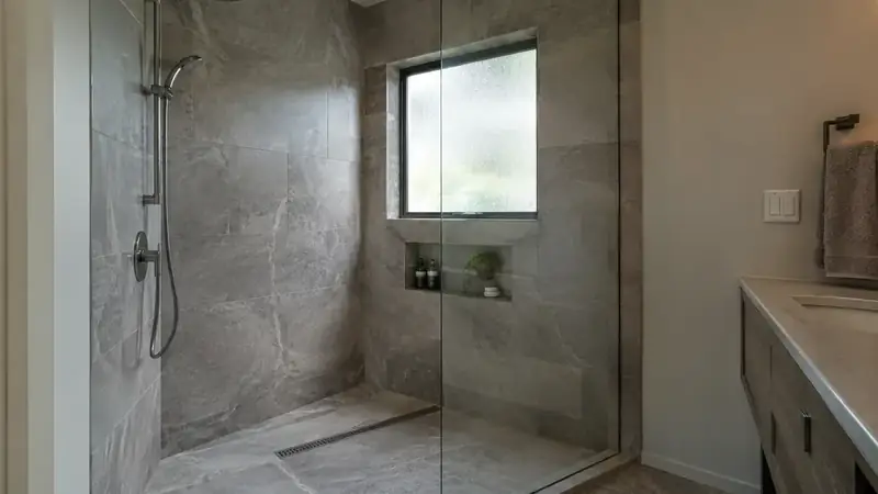 Illustrative: bathroom remodel scene for Lake Stevens — waterproofing-minded PNW context; not a real Board job photo