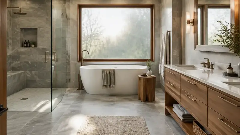 Illustrative: bathroom remodel scene for Marysville — waterproofing-minded PNW context; not a real Board job photo