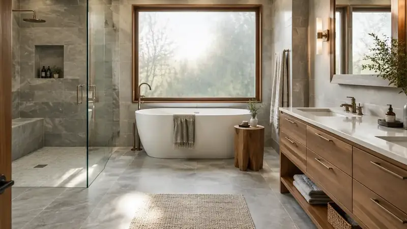 Illustrative: bathroom remodel scene for Mercer Island — waterproofing-minded PNW context; not a real Board job photo