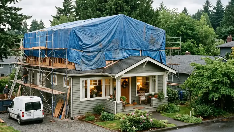Illustrative: home addition / exterior massing for Monroe — PNW cedar-fir context; not a real Board job photo