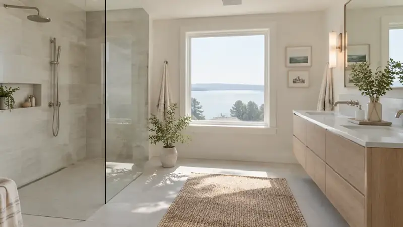 Illustrative: bathroom remodel scene for Newcastle — waterproofing-minded PNW context; not a real Board job photo