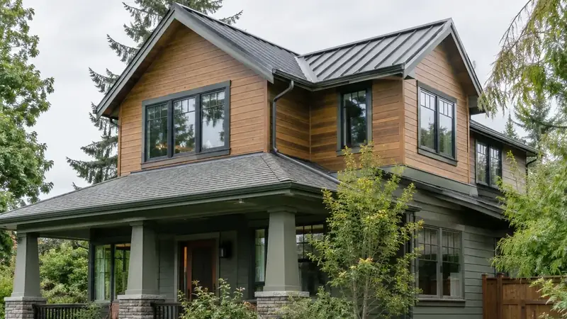 Illustrative: home addition / exterior massing for Normandy Park — PNW cedar-fir context; not a real Board job photo