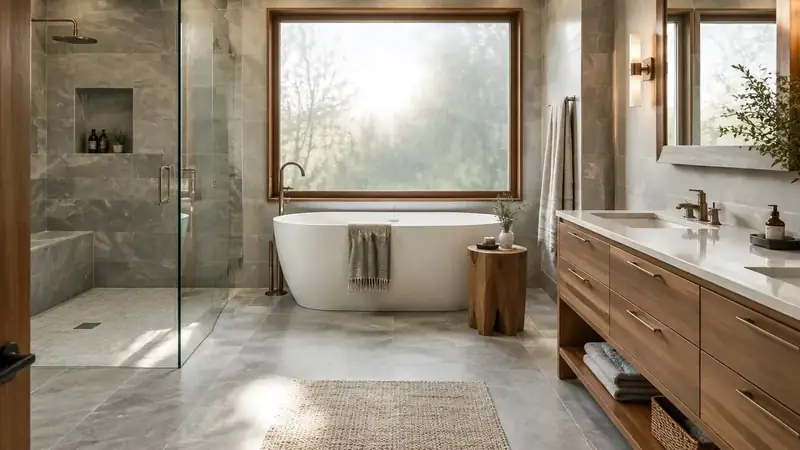 Illustrative: bathroom remodel scene for North Bend — waterproofing-minded PNW context; not a real Board job photo