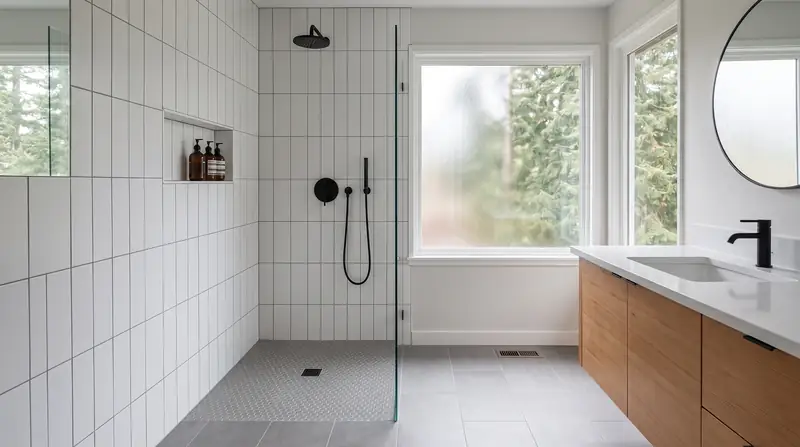 Illustrative: bathroom remodel scene for Redmond — waterproofing-minded PNW context; not a real Board job photo