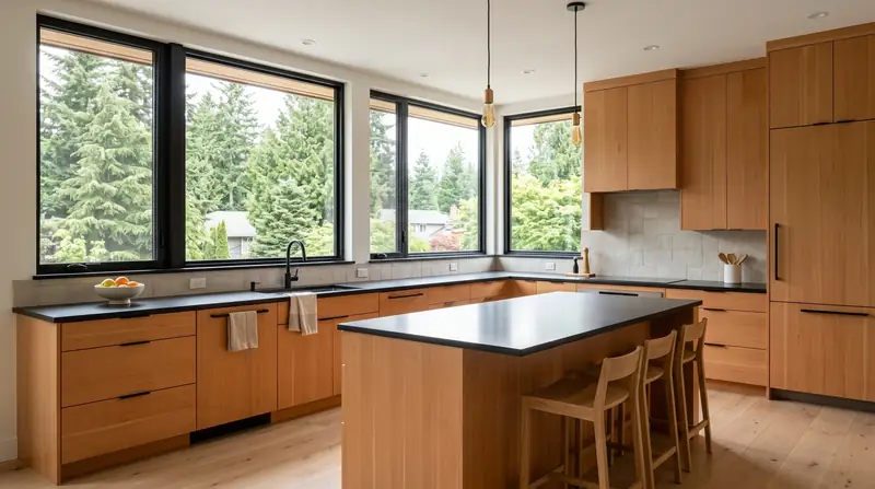 Illustrative: kitchen remodel interior for Redmond homeowners — PNW materials; not a real Board job photo