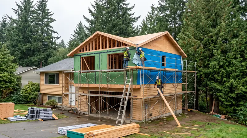 Illustrative: home addition / exterior massing for Renton — PNW cedar-fir context; not a real Board job photo