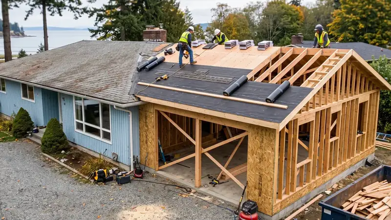 Illustrative: home addition / exterior massing for Sammamish — PNW cedar-fir context; not a real Board job photo