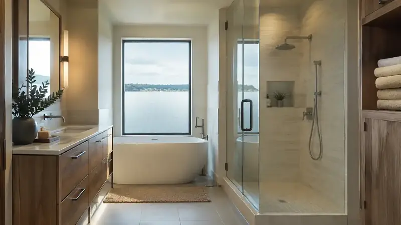 Illustrative: bathroom remodel scene for SeaTac — waterproofing-minded PNW context; not a real Board job photo