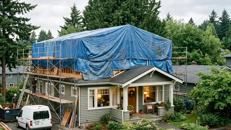 Illustrative: home addition / exterior massing for Skykomish — PNW cedar-fir context; not a real Board job photo