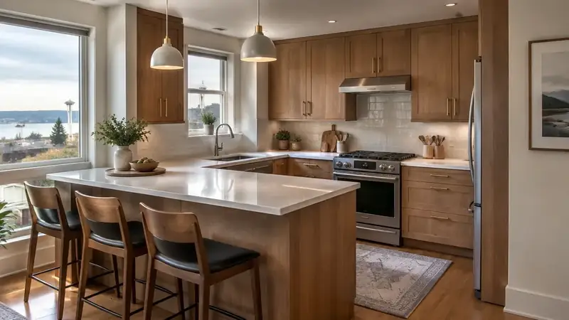 Illustrative: kitchen remodel interior for Snohomish homeowners — PNW materials; not a real Board job photo