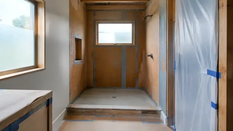 Illustrative: bathroom remodel scene for Snoqualmie — waterproofing-minded PNW context; not a real Board job photo