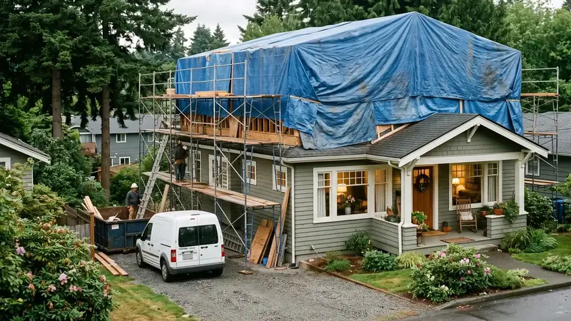 Illustrative: home addition / exterior massing for Stanwood — PNW cedar-fir context; not a real Board job photo
