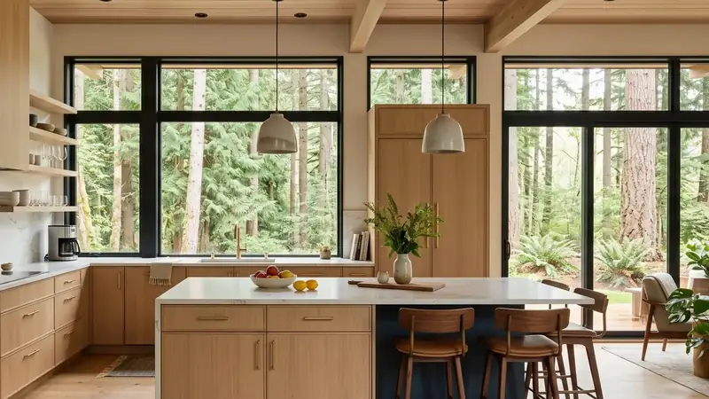 Illustrative: kitchen remodel interior for Woodinville homeowners — PNW materials; not a real Board job photo