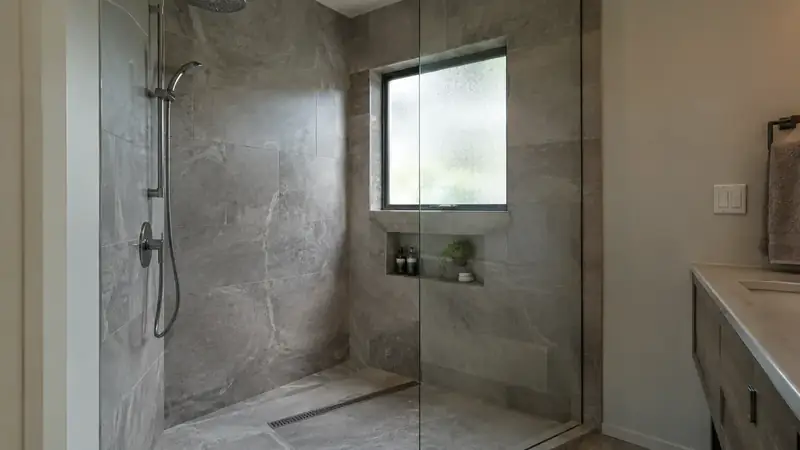 Illustrative: bathroom remodel scene for Woodway — waterproofing-minded PNW context; not a real Board job photo