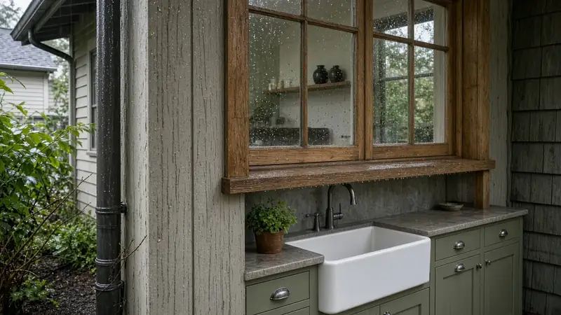 Illustrative: kitchen with sage green cabinets, white counters, and a wood-top island — not a real Board job photo