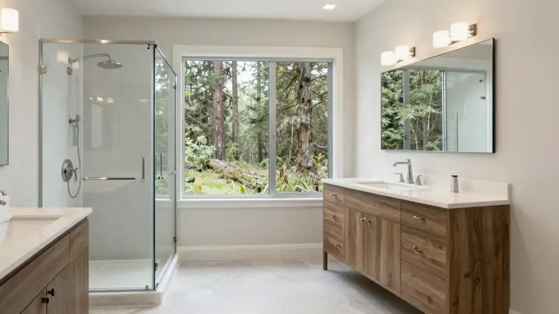 Illustrative: bathroom with a double vanity, glass shower, and freestanding tub — not a real Board job photo