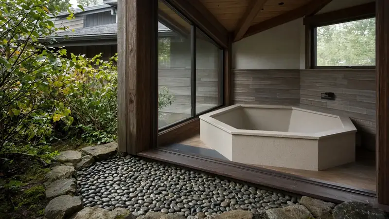 Illustrative: bathroom with a floating vanity, glass walk-in shower, and freestanding tub — not a real Board job photo