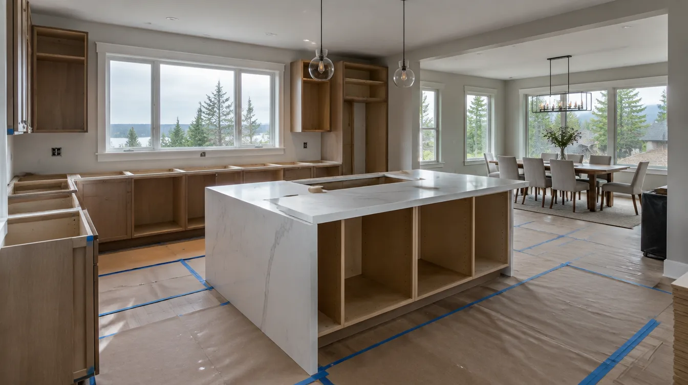 Illustrative Pacific Northwest kitchen remodel in progress with cabinet boxes and island dry-fit — not a photo of a real Board of Professional Services job