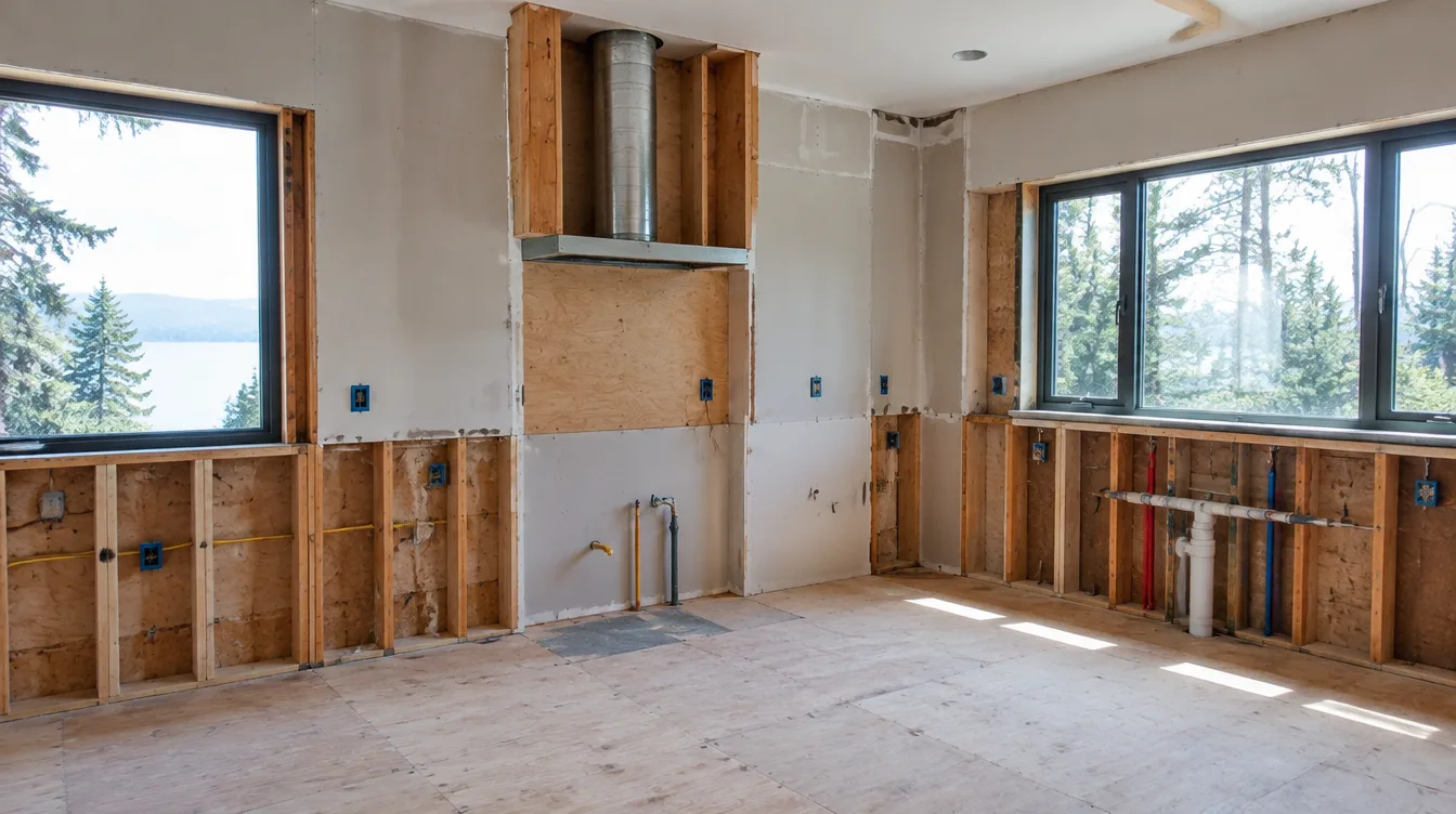 Illustrative kitchen rough-in showing electrical, hood duct chase, and plumbing stub-outs — illustrative only, not a real job photo