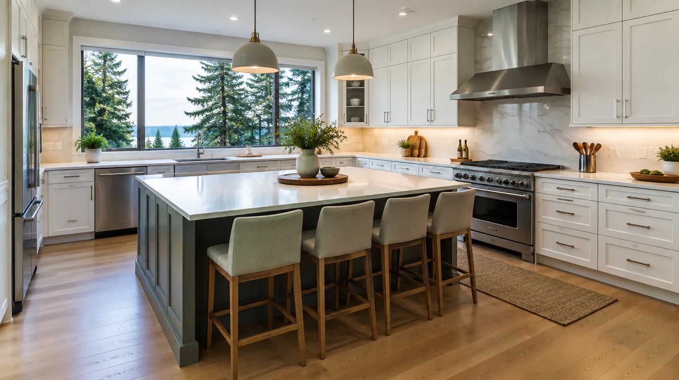 Illustrative finished contemporary PNW kitchen with ducted range hood and island seating — illustrative only, not a real job photo