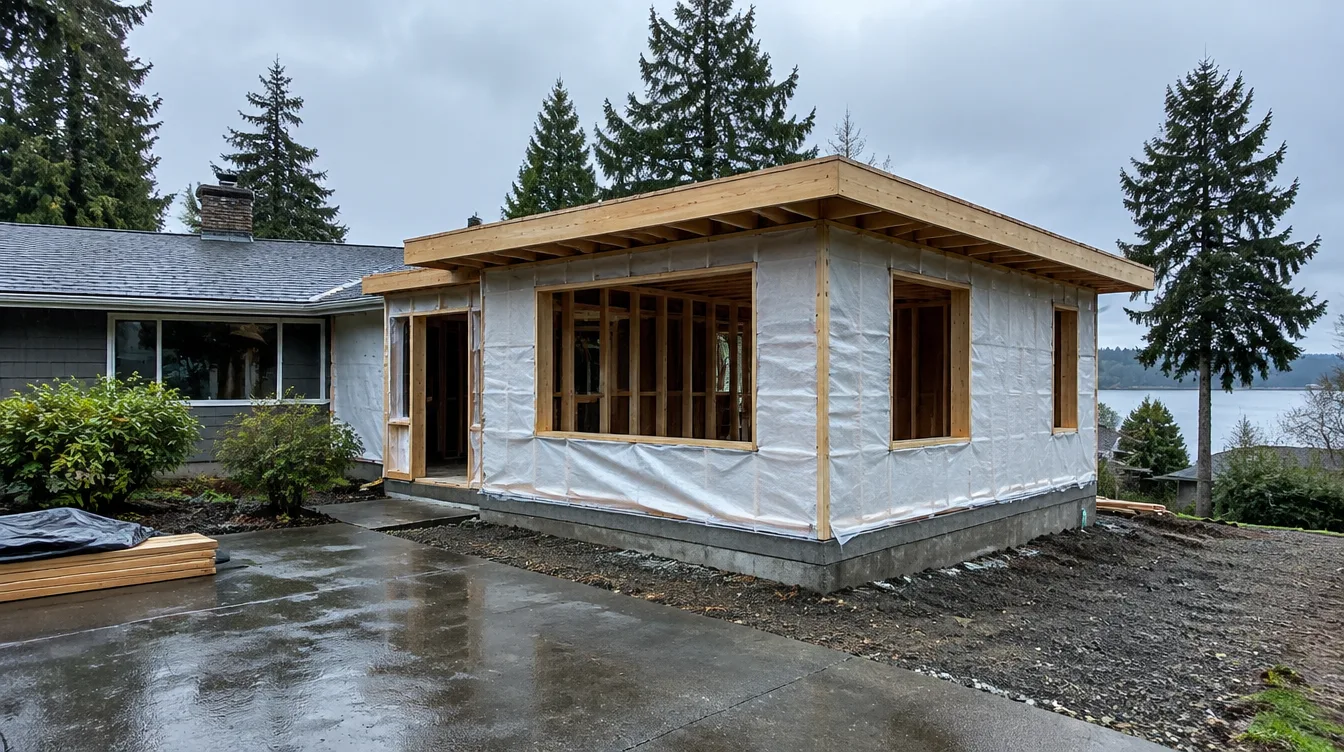 Illustrative Pacific Northwest home addition exterior with wood framing and temporary weather wrap — not a photo of a real Board of Professional Services job