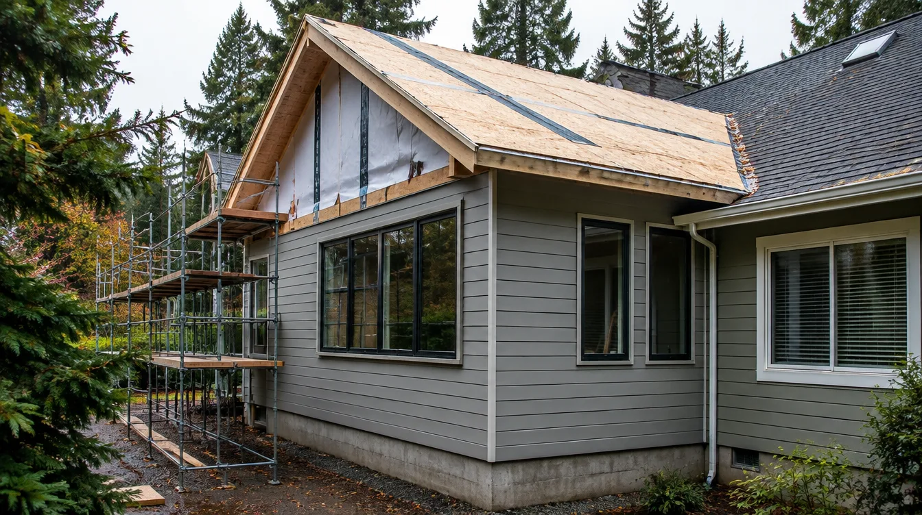 Illustrative nearly weatherproofed PNW home addition with siding and roof sheathing underway — illustrative only, not a real job photo