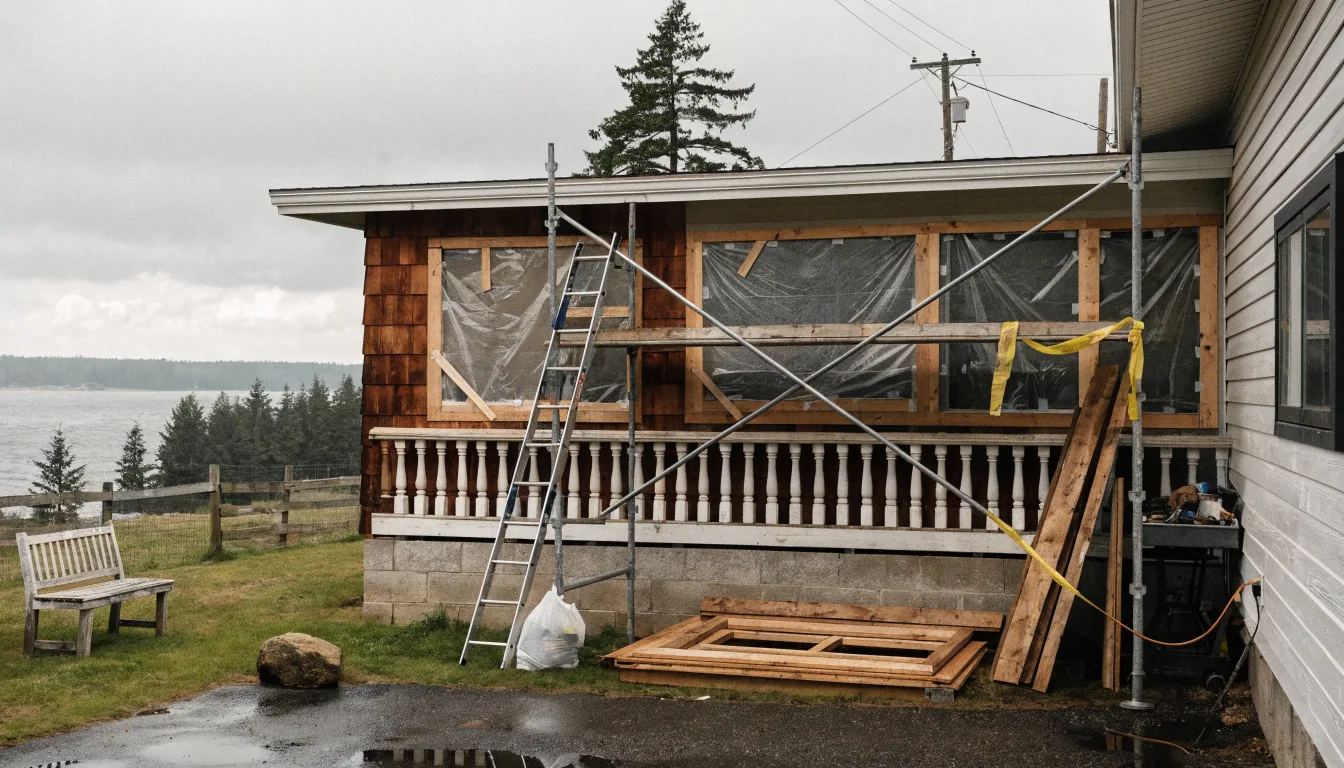 Illustrative Pacific Northwest coastal home exterior staged for window replacement — Illustrative editorial photo — not a project photograph