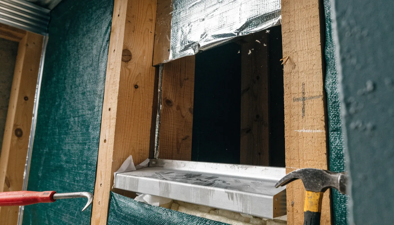 Illustrative window rough opening with weather-resistive barrier and flashing tape detail — illustrative only, not a real job photo