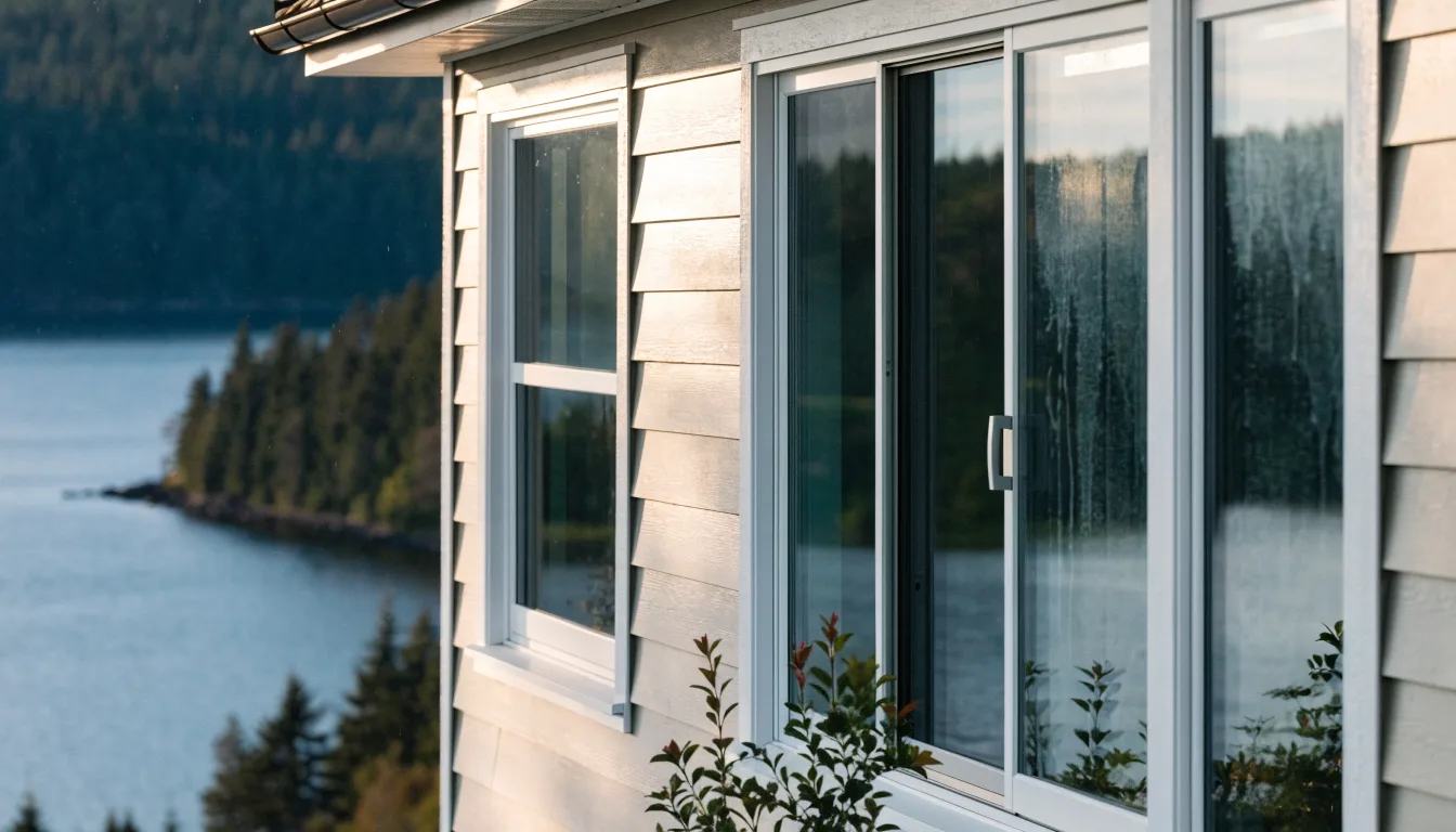 Illustrative newly installed windows with clean exterior trim on a coastal Washington home — illustrative only, not a real job photo