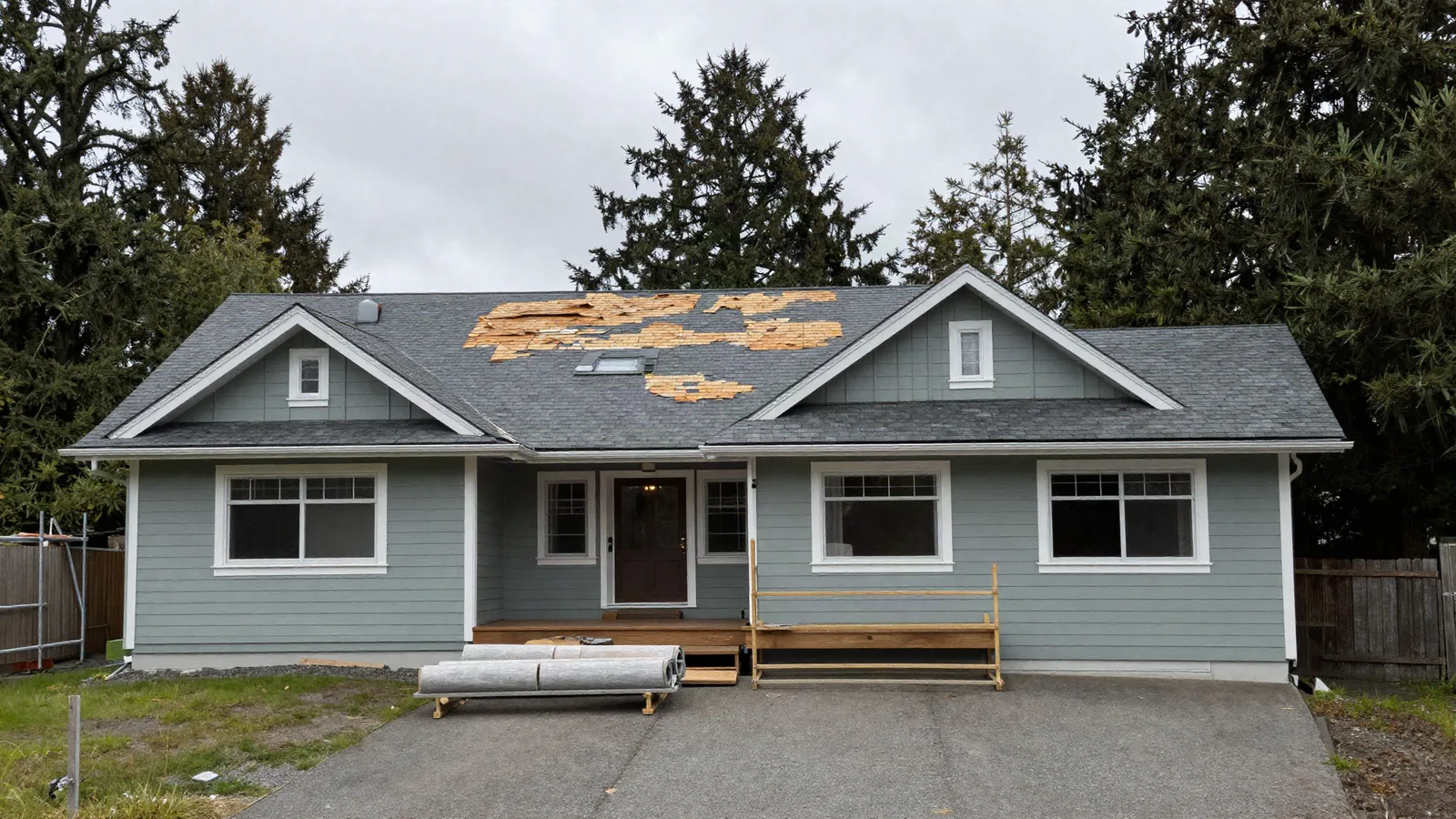 Illustrative Pacific Northwest coastal home staged for roof replacement — illustrative staging image, not a real Board of Project Stewardship job photo