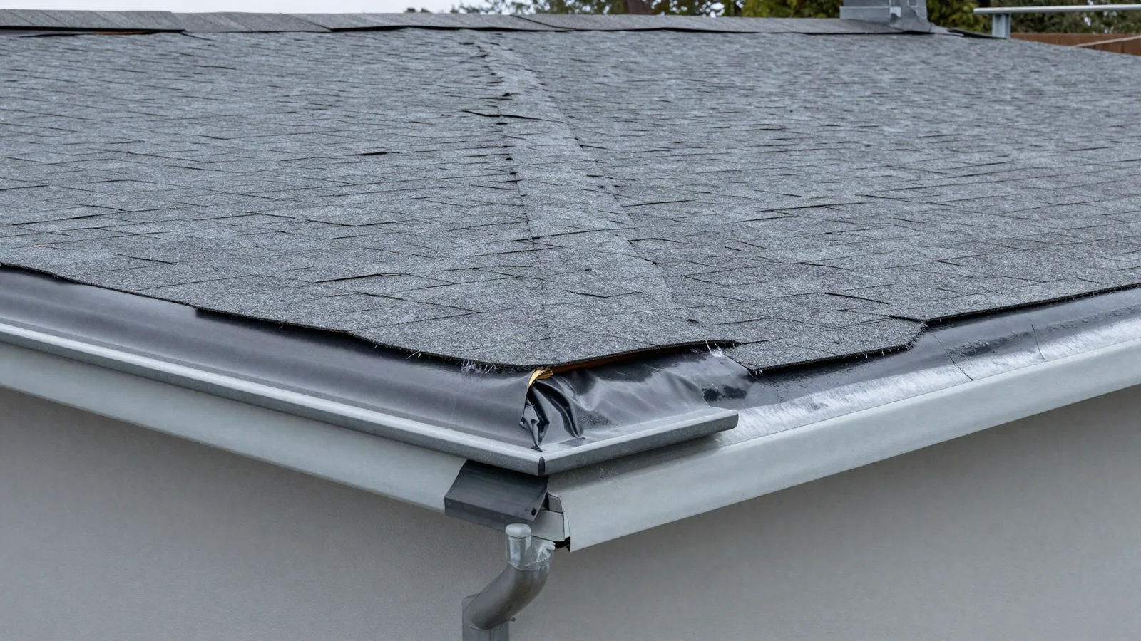 Illustrative roof deck with ice-and-water shield, underlayment, and drip-edge detail — illustrative only, not a real job photo